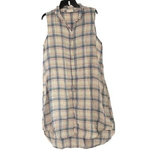 CP Shades Plaid Sleeveless Shirt Dress Pink Blue Linen Button Down Tunic - Large